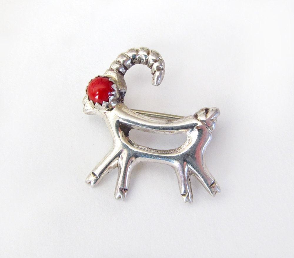 Red Coral Sterling Silver Antelope Pin - Cute Whimsical Animal Lover Christmas Jewelry Gifts