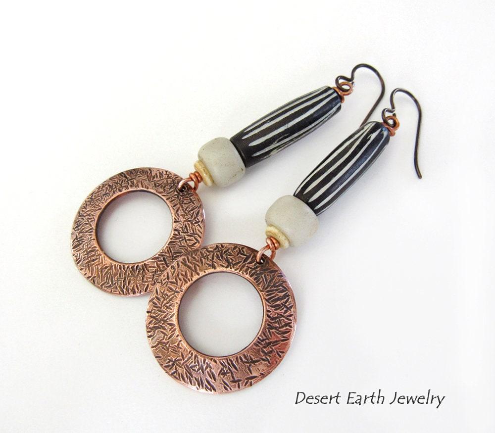 Copper Hoop Dangle Earrings with African Batik Bone Beads - Boho Hippie African Tribal Style Jewelry