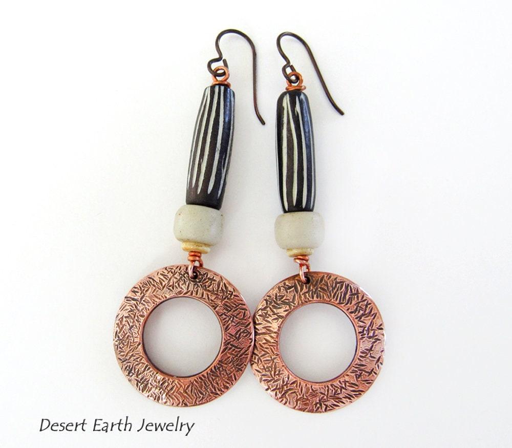 Copper Hoop Dangle Earrings with African Batik Bone Beads - Boho Hippie African Tribal Style Jewelry