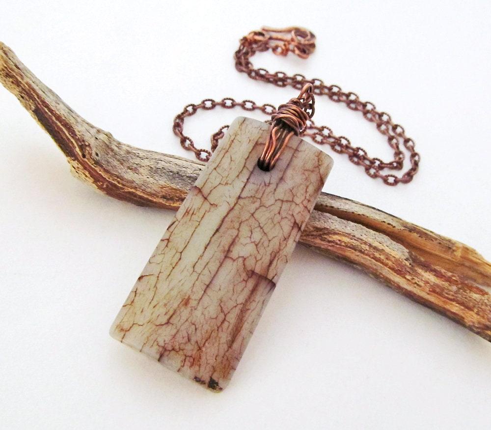 Natural Earthy Rustic Brown Agate Stone Necklace Wire Wrapped in Copper - Unisex Jewelry for Men / Women