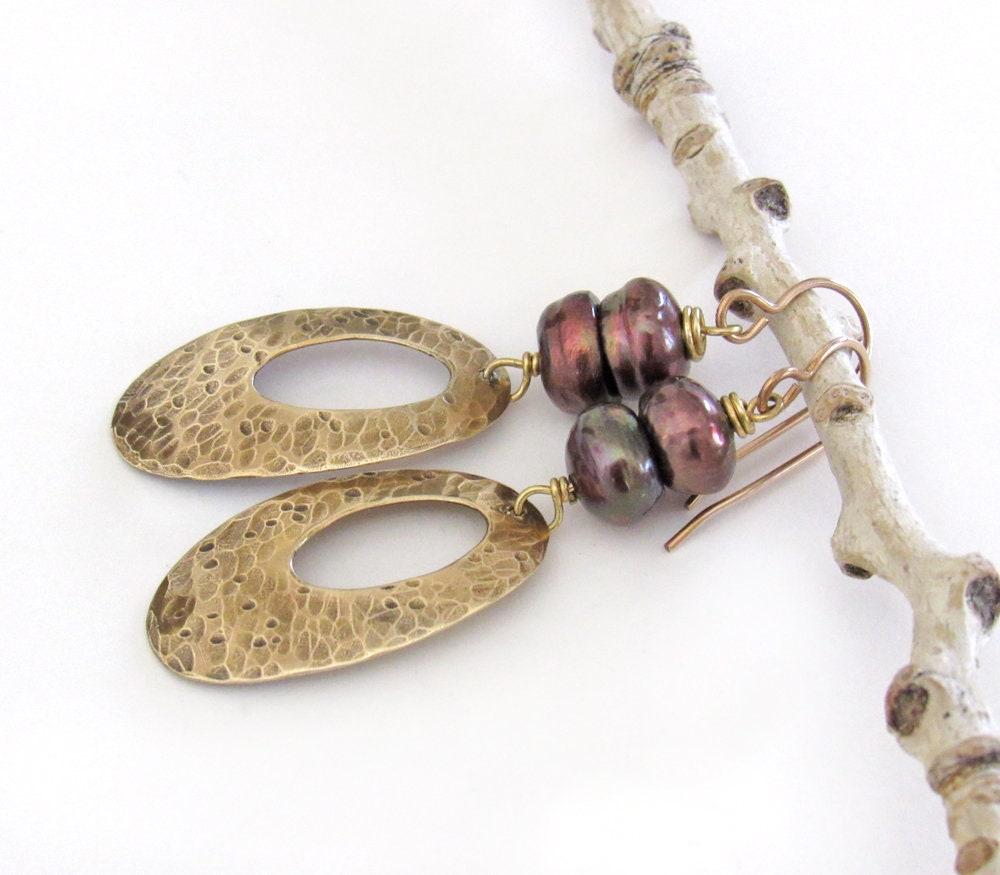 Hammered Gold Brass Oval Dangle Earrings with Bronze Pearls
