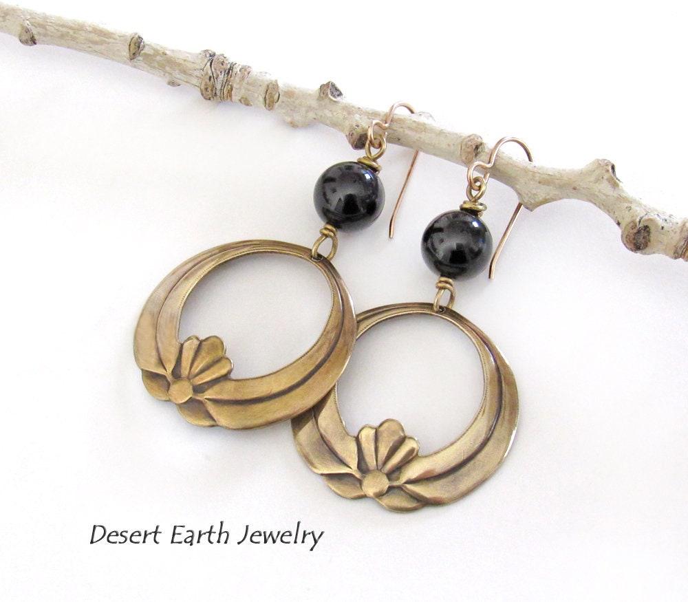 Gold Brass Lotus Dangle Earrings with Black Onyx Gemstones