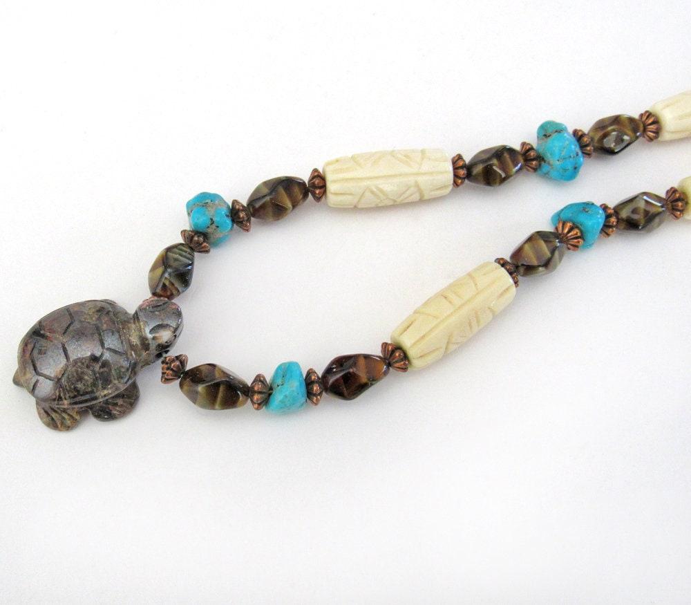 Tiger's Eye Turtle Necklace with Turquoise & Carved Bone - Multi Stone Beaded Statement Necklace