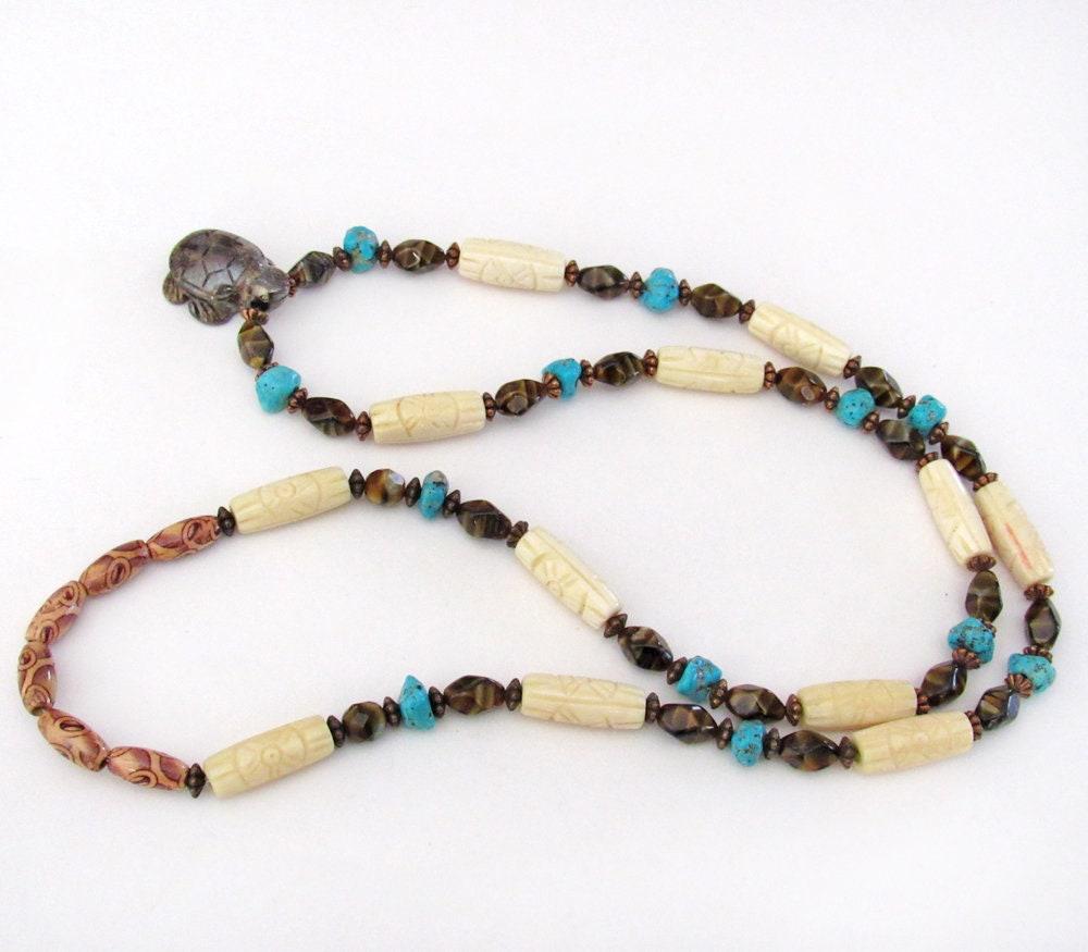 Tiger's Eye Turtle Necklace with Turquoise & Carved Bone - Multi Stone Beaded Statement Necklace