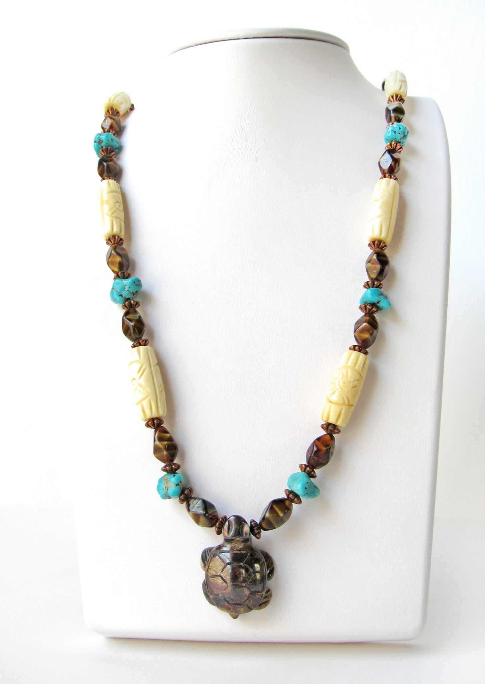 Tiger's Eye Turtle Necklace with Turquoise & Carved Bone - Multi Stone Beaded Statement Necklace