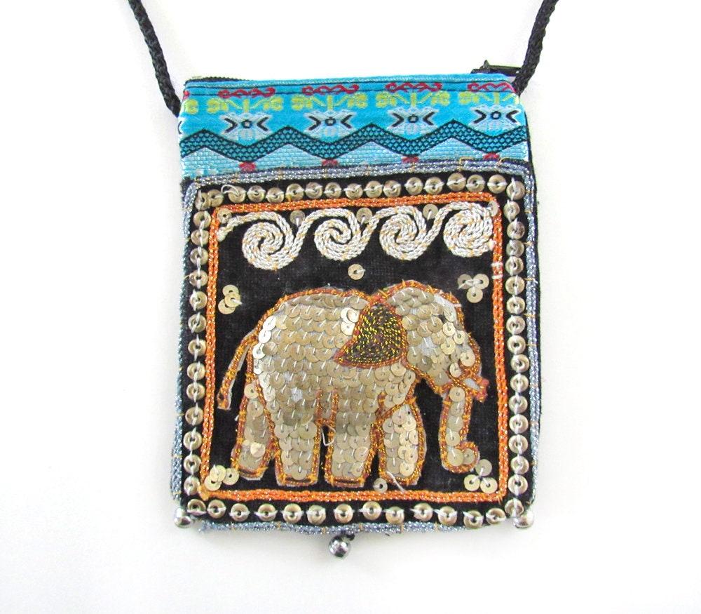 Elephant Sequin Embroidered Cross Body Bag - Ethnic Boho Vintage Fashion Handbag