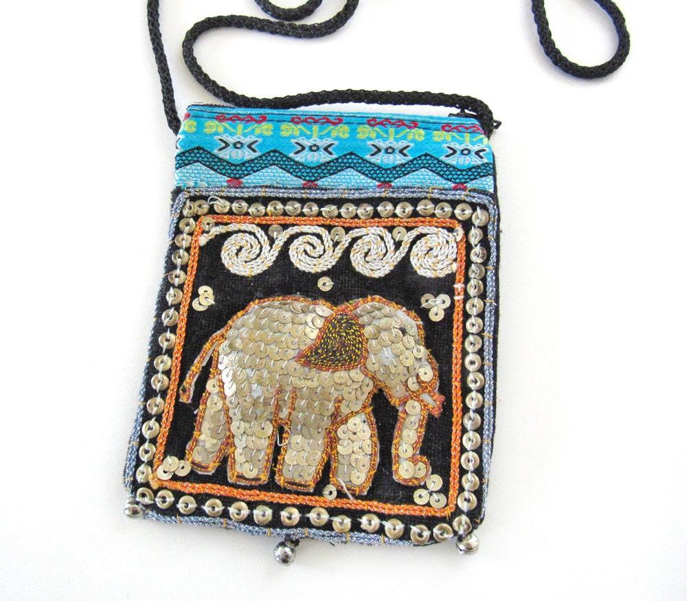 Elephant Sequin Embroidered Cross Body Bag - Ethnic Boho Vintage Fashion Handbag