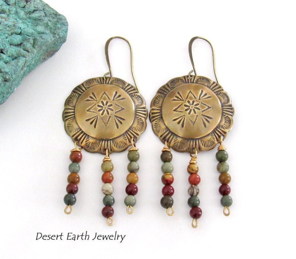 Brass Concho Earrings with Jasper Stone Fringe Dangles - Earthy Boho Tribal Southwestern Style Jewelry