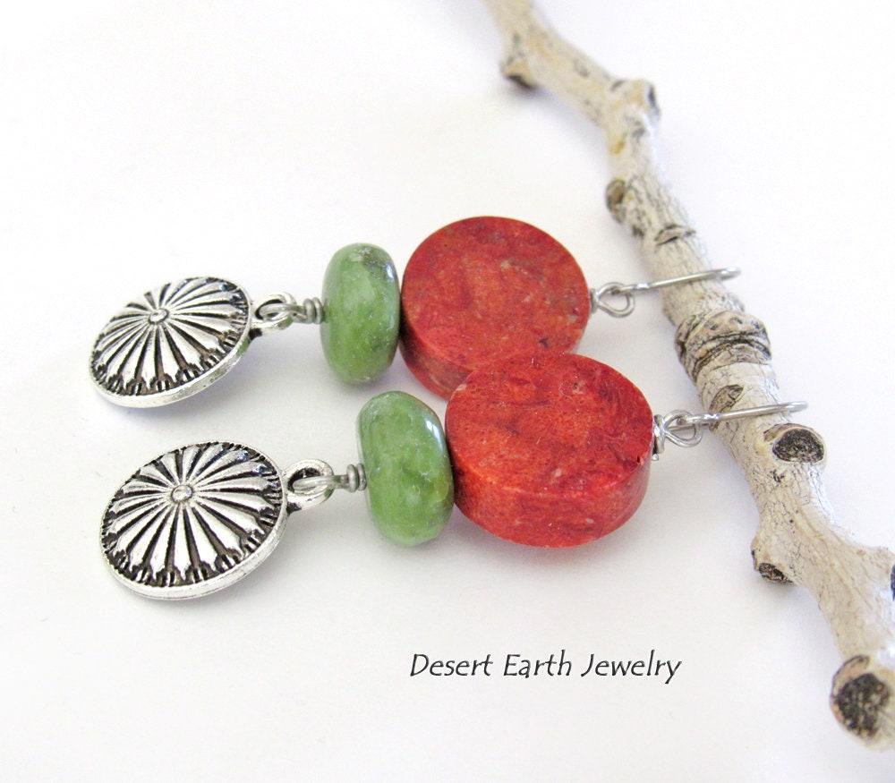 Silver Concho Dangle Earrings with Red Coral & Green Serpentine Stones - Colorful Boho Southwestern Jewelry