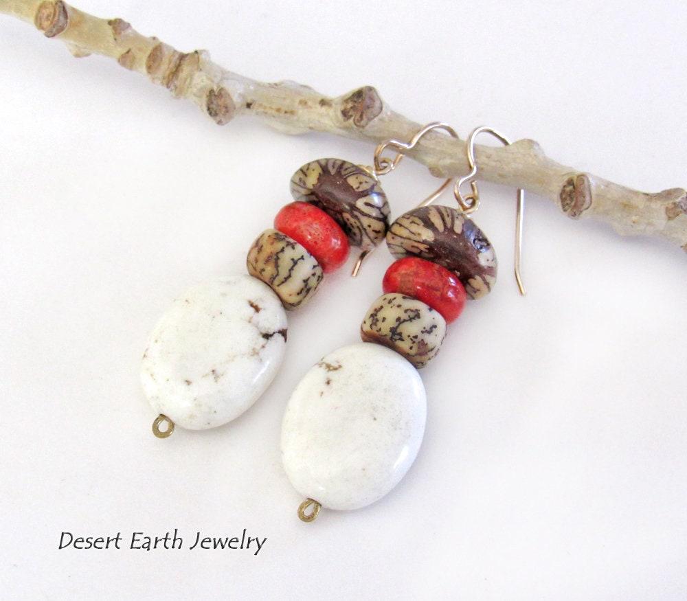 Boho Beaded Dangle Earrings with Red Coral, Magnesite Stones & Buri Nut Beads 