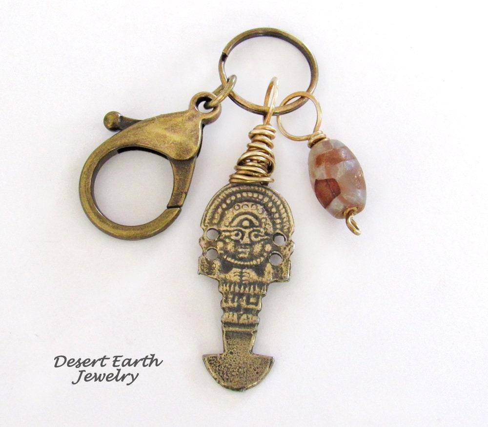 Tribal Goddess Antiqued Brass Key Chain with African Agate Bead Dangle - Purse / Backpack / Bag Charm