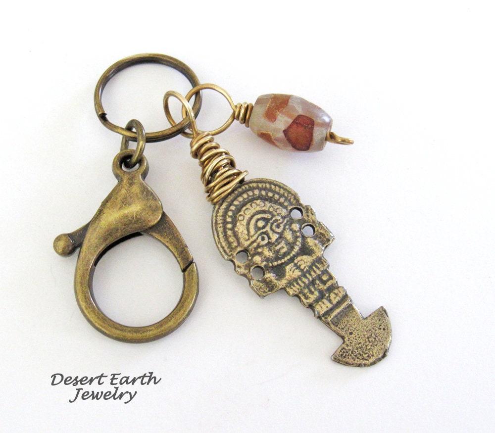 Tribal Goddess Antiqued Brass Key Chain with African Agate Bead Dangle - Purse / Backpack / Bag Charm