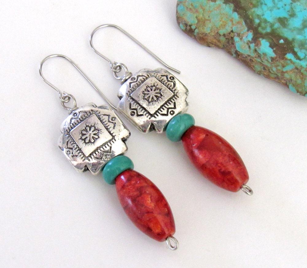 Southwest Silver Tribal Cross Earrings with Turquoise & Red Coral - Native Style Southwestern Jewelry