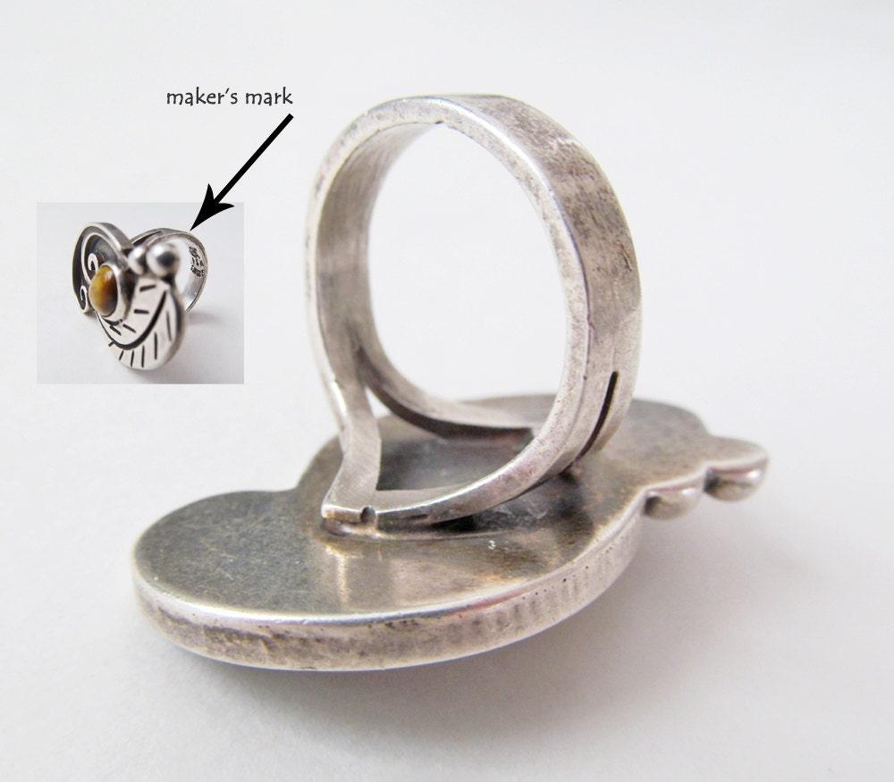 Big Bold Sterling Silver Ring with Brown Tiger;s Eye Stone & Leaf Accents - Unique Avant Garde Vintage Jewelry