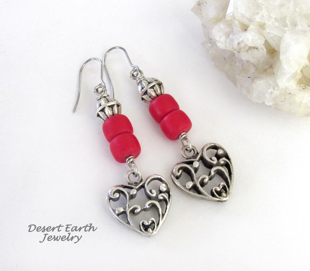 Silver Tone Pewter Filigree Heart Earrings with Red Glass Beads - Valentine's Day Jewelry