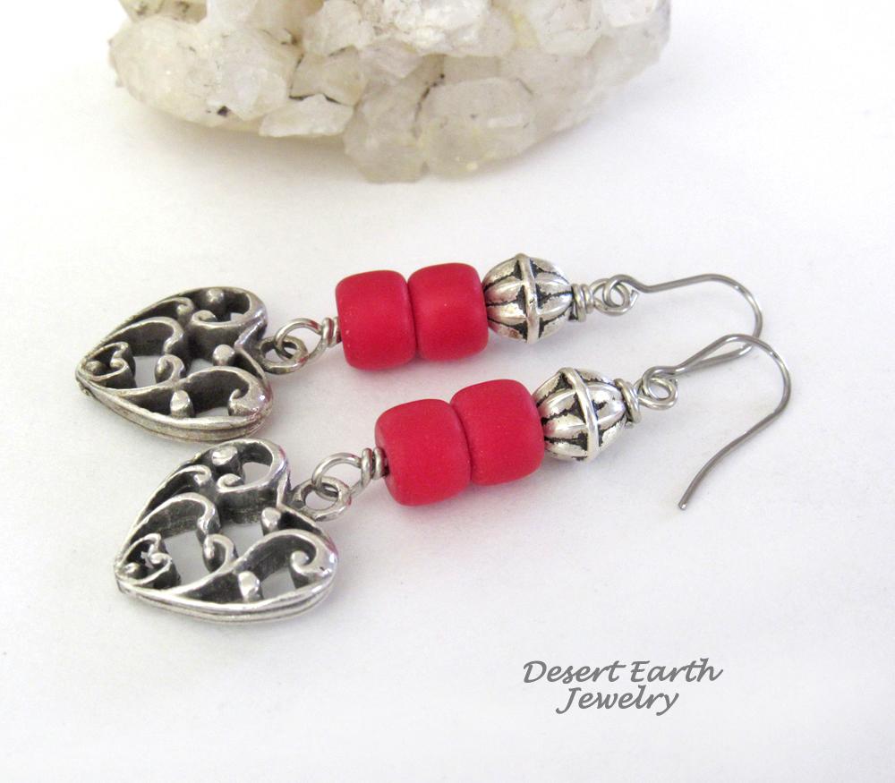 Silver Tone Pewter Filigree Heart Earrings with Red Glass Beads - Valentine's Day Jewelry