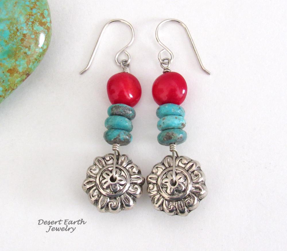 Turquoise & Red Coral Silver Tone Flower Earrings - Bright Colorful Boho Sundance Style Jewelry