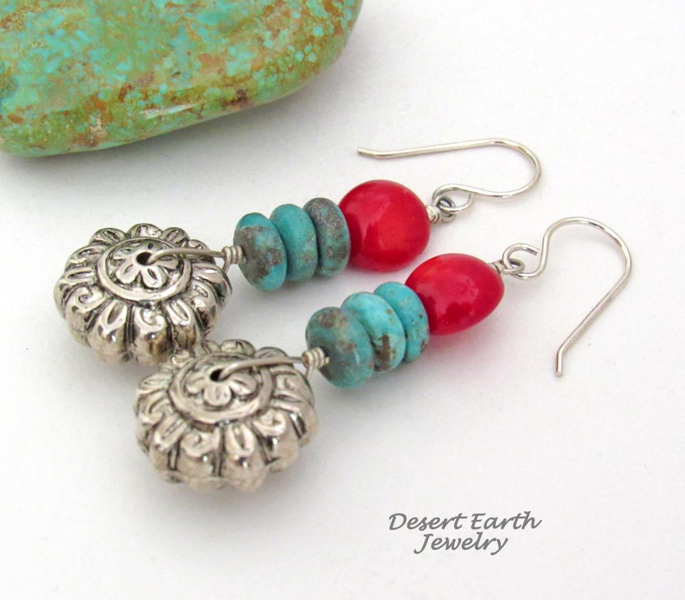 Turquoise & Red Coral Silver Tone Flower Earrings - Bright Colorful Boho Sundance Style Jewelry