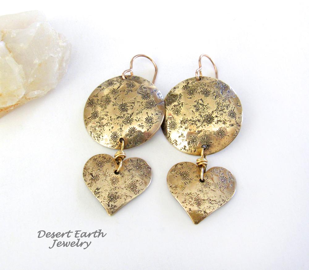 Gold Brass Earrings with Heart Dangles & Hand Stamped Texture - Romantic Jewelry Gifts for Women