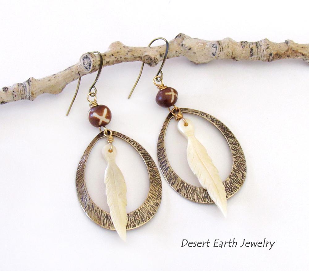 Rustic Textured Brass Hoop Earrings with Bone Feather Dangles and African Batik Bone Beads