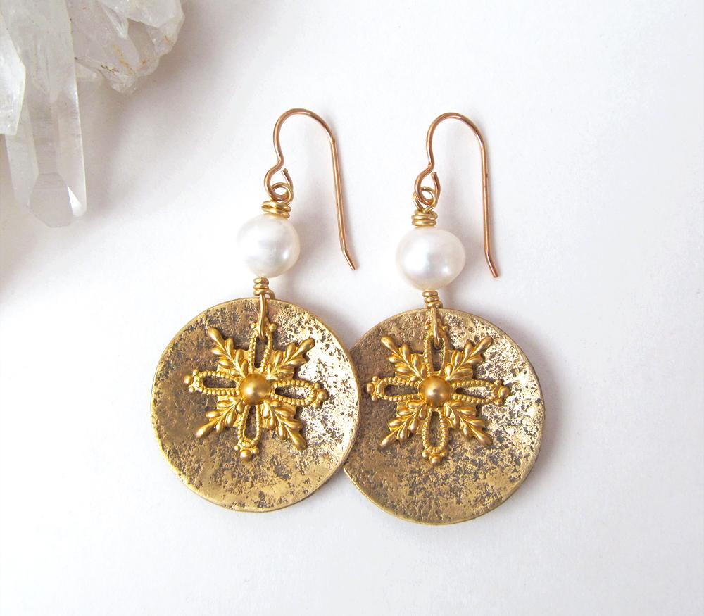 Gold Brass Snowflake Dangle Earrings with White Freshwater Pearls - Christmas Holiday Winter Jewelry