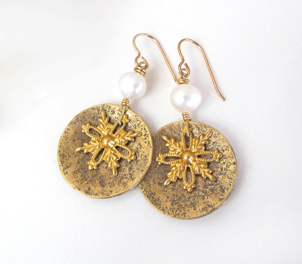 Gold Brass Snowflake Dangle Earrings with White Freshwater Pearls - Christmas Holiday Winter Jewelry