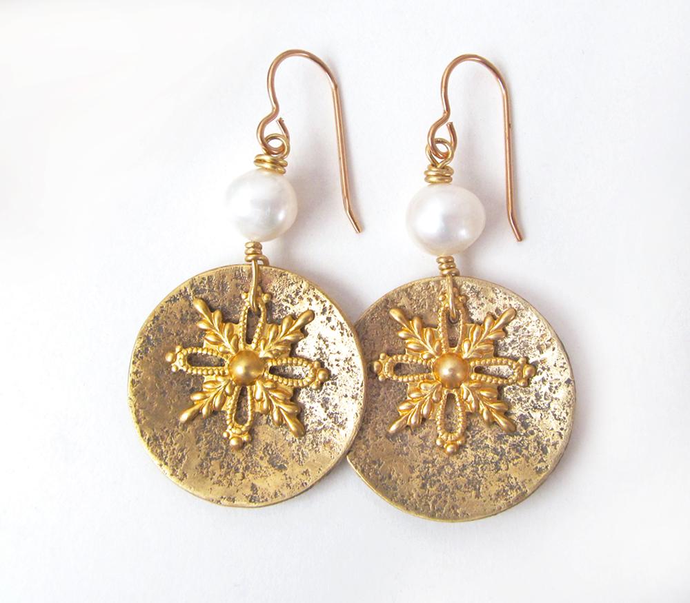 Gold Brass Snowflake Dangle Earrings with White Freshwater Pearls - Christmas Holiday Winter Jewelry