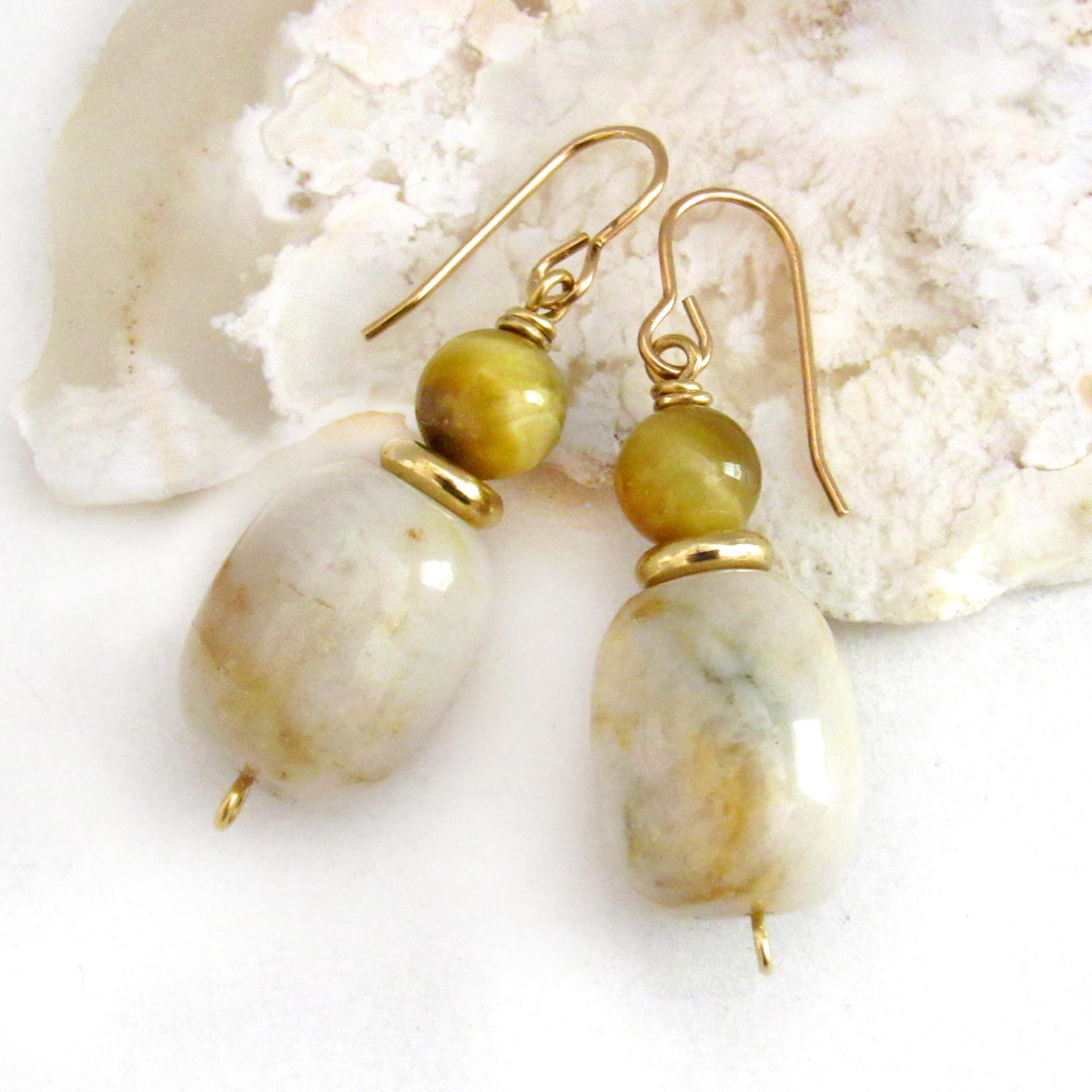Golden Beige Agate Earrings with Golden Brown Tiger's Eye & Gold Brass Beads - Small Petite Dressy Elegant Gemstone Dangle