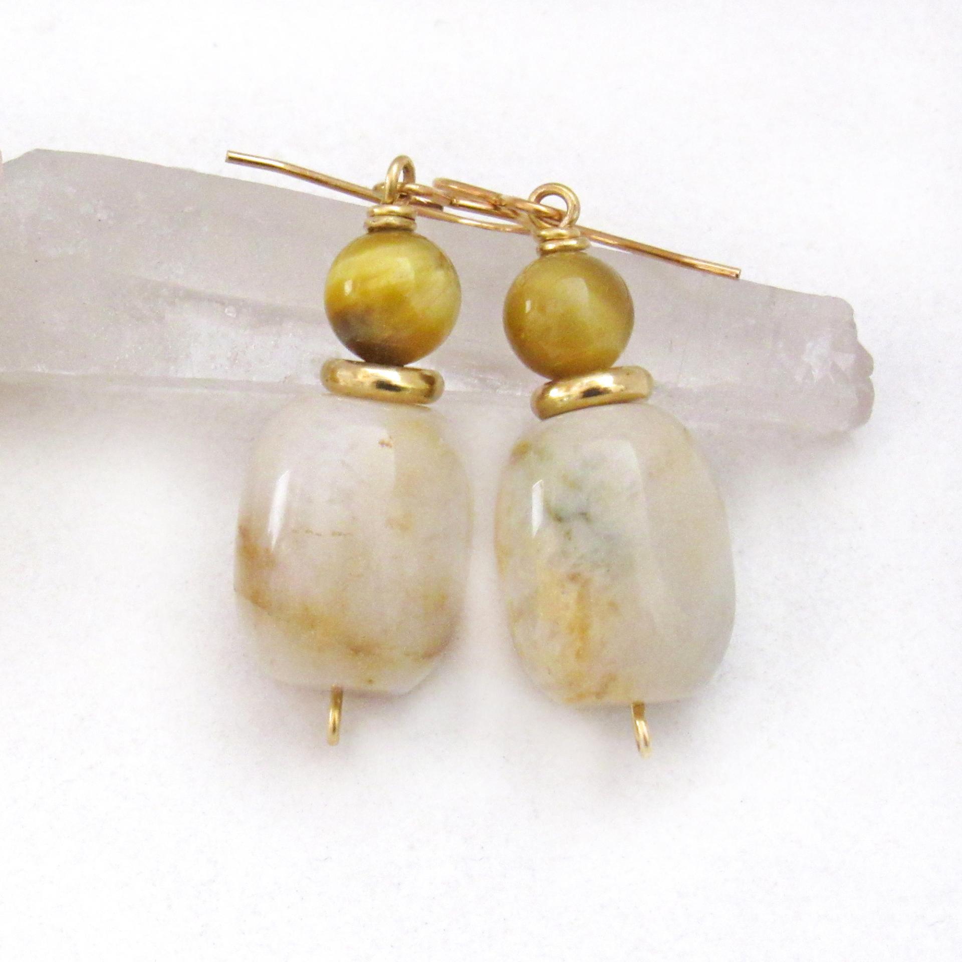 Golden Beige Agate Earrings with Golden Brown Tiger's Eye & Gold Brass Beads - Small Petite Dressy Elegant Gemstone Dangle