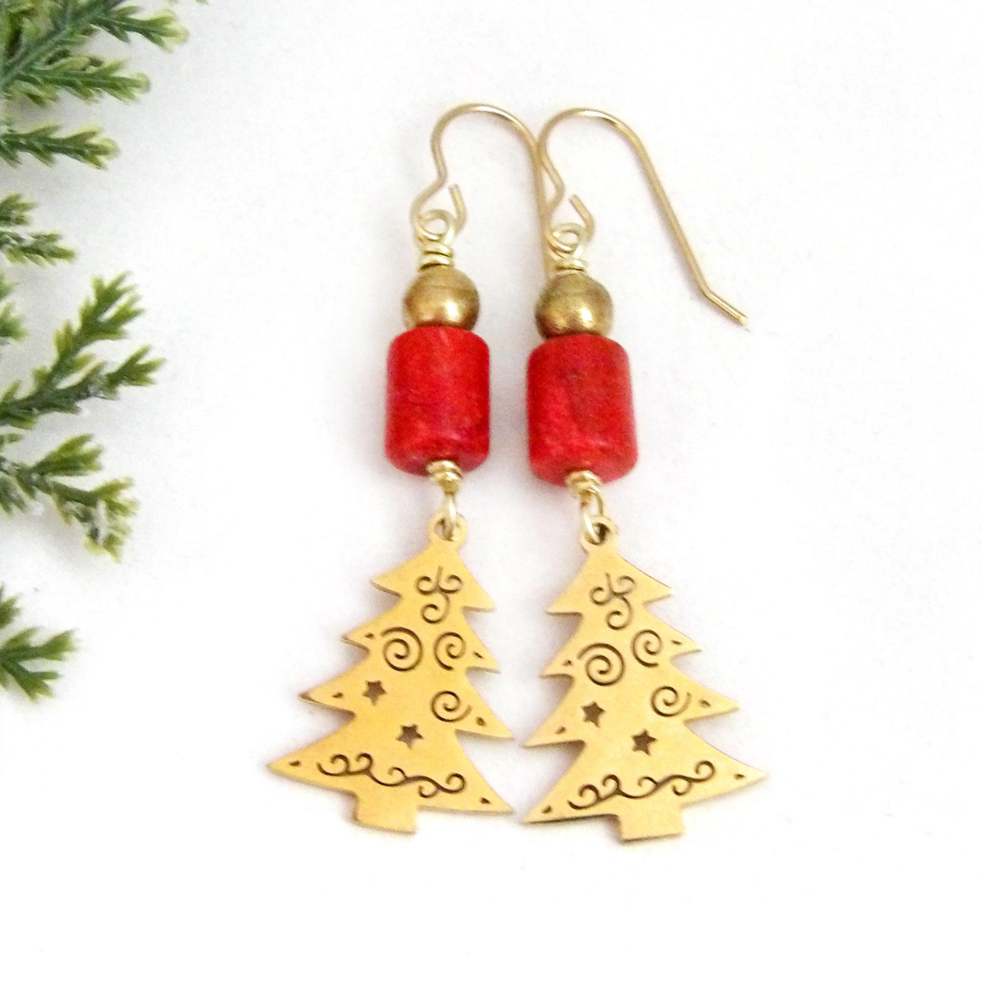 Christmas Tree Earrings 18K Gold Plated with Red Coral - Holiday Christmas Jewelry Gifts for Women