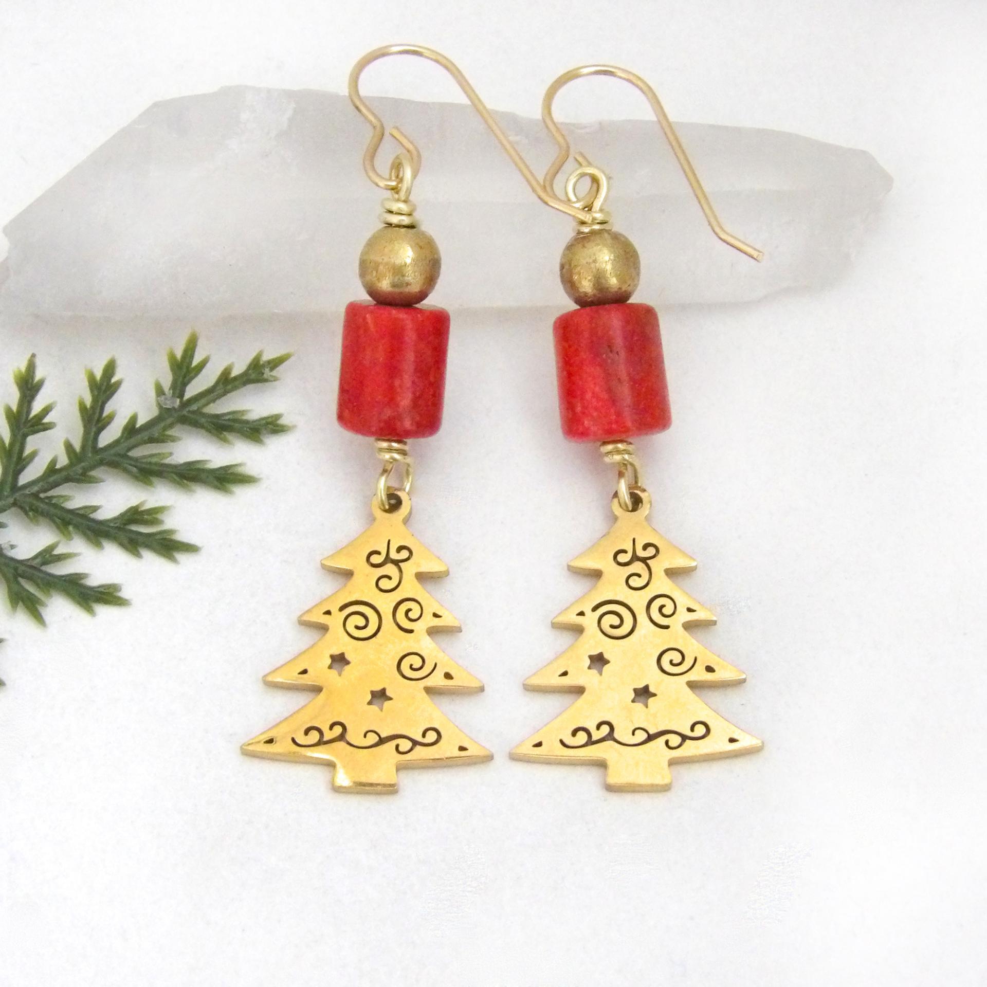 Christmas Tree Earrings 18K Gold Plated with Red Coral - Holiday Christmas Jewelry Gifts for Women
