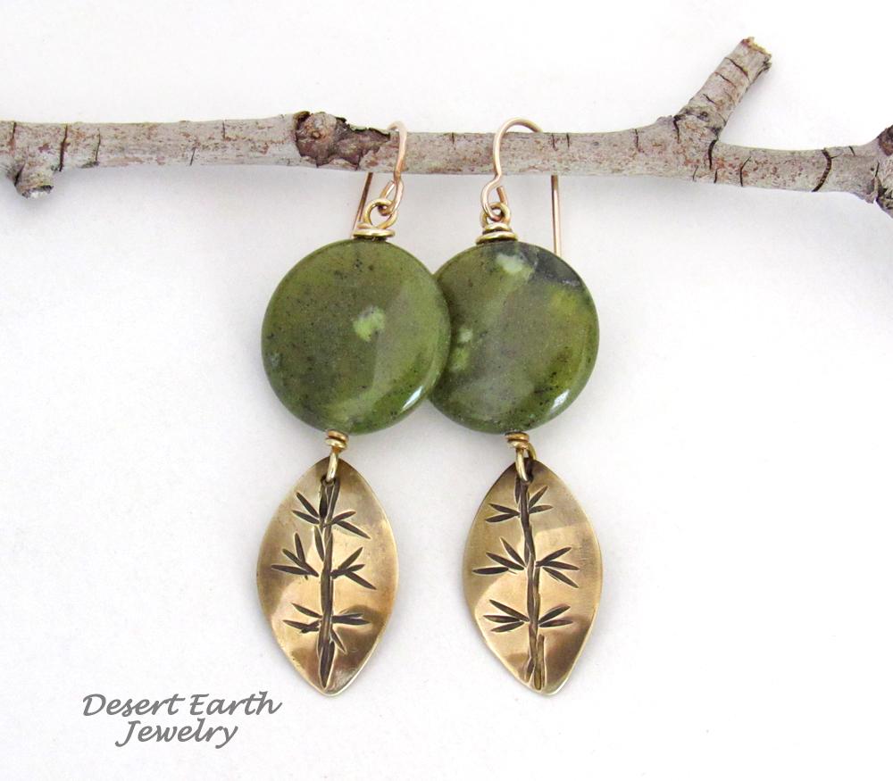 Gold Brass Leaf Dangle Earrings with Green Jade Gemstones - Earthy Nature Jewelry Gifts for Women
