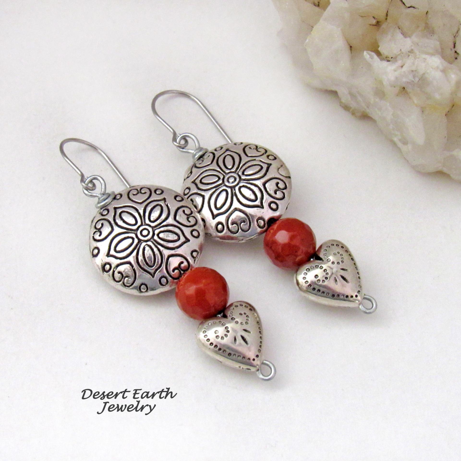 Hearts and Flowers Pewter Earrings with Red Coral and Small Heart Dangles - 10th Anniversary Gift for Wife