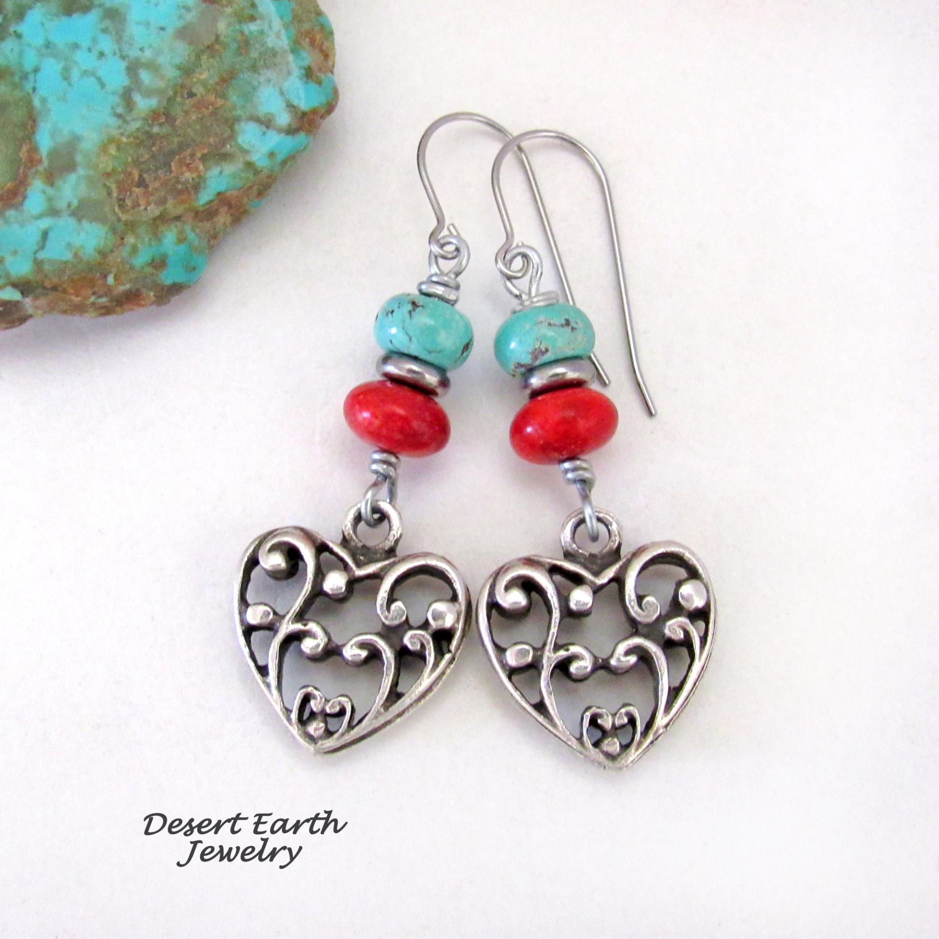 Pewter Heart Filigree Earrings with Turquoise and Red Coral - Sundance Southwest Style Jewelry 