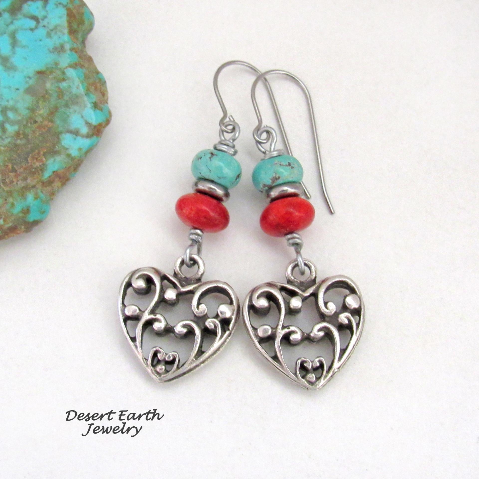 Pewter Heart Filigree Earrings with Turquoise and Red Coral - Sundance Southwest Style Jewelry 