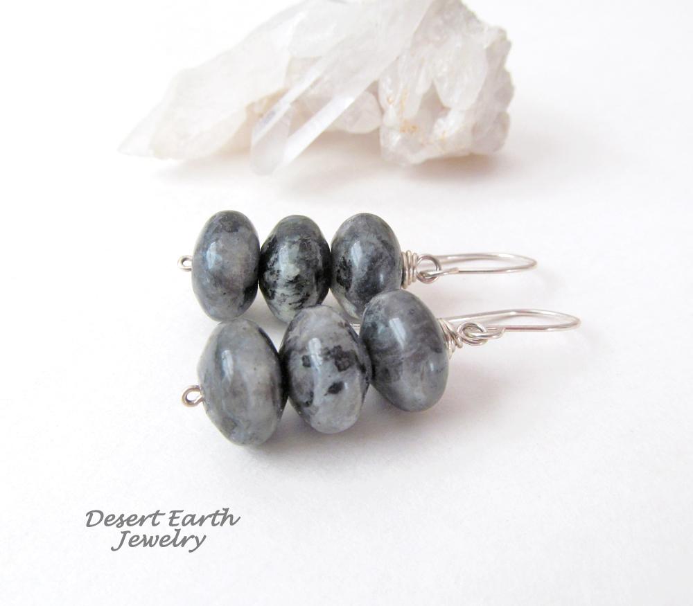 Larvikite Gemstone Dangle Earrings on Sterling Silver Ear Wires - Black Labradorite Norwegian Moonstone Jewelry 
