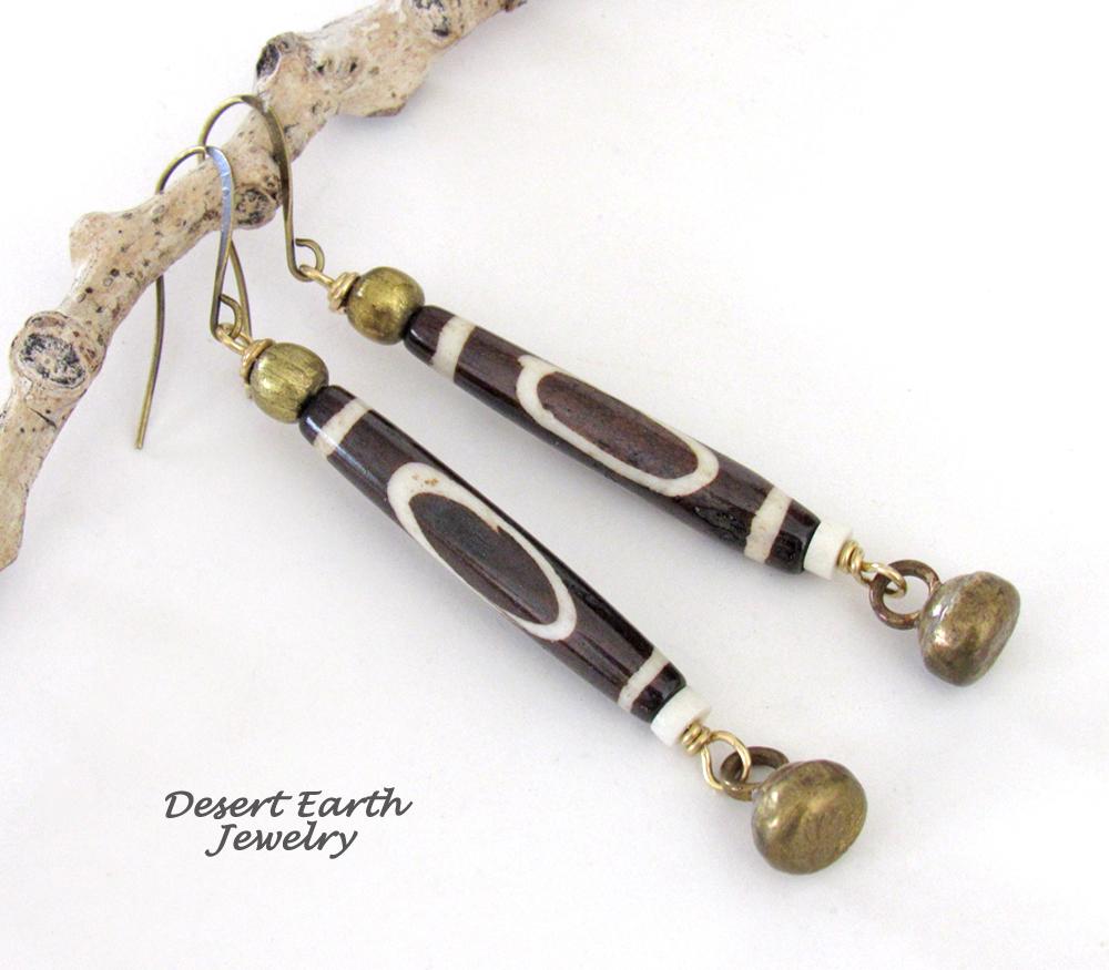 Long African Batik Bone Bead Earrings with Brass Bell Dangles - Handmade Ethnic Boho Tribal Jewelry