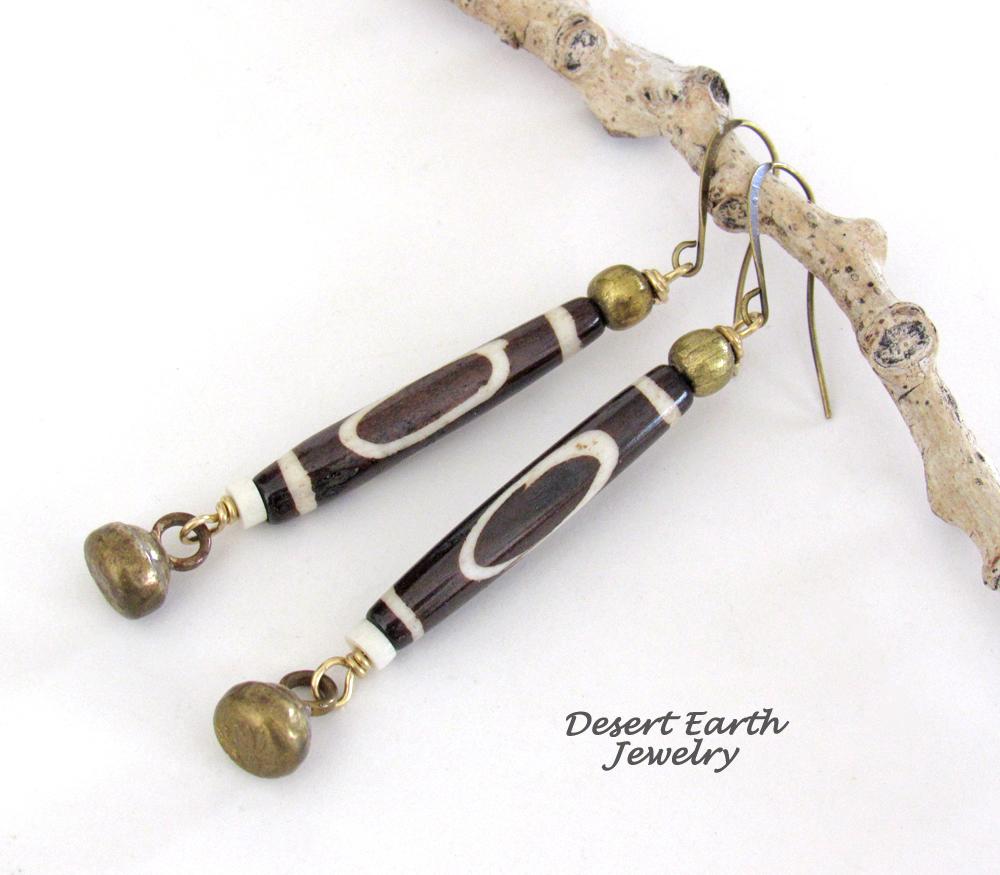 Long African Batik Bone Bead Earrings with Brass Bell Dangles - Handmade Ethnic Boho Tribal Jewelry