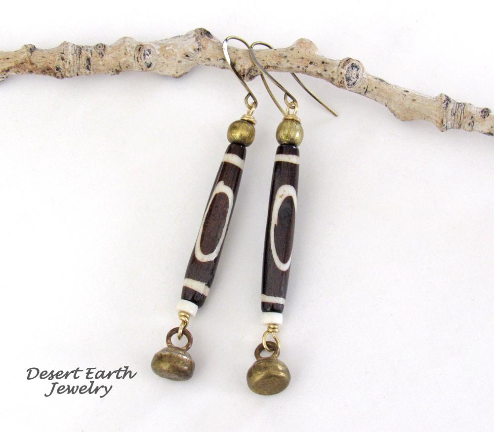 Long African Batik Bone Bead Earrings with Brass Bell Dangles - Handmade Ethnic Boho Tribal Jewelry