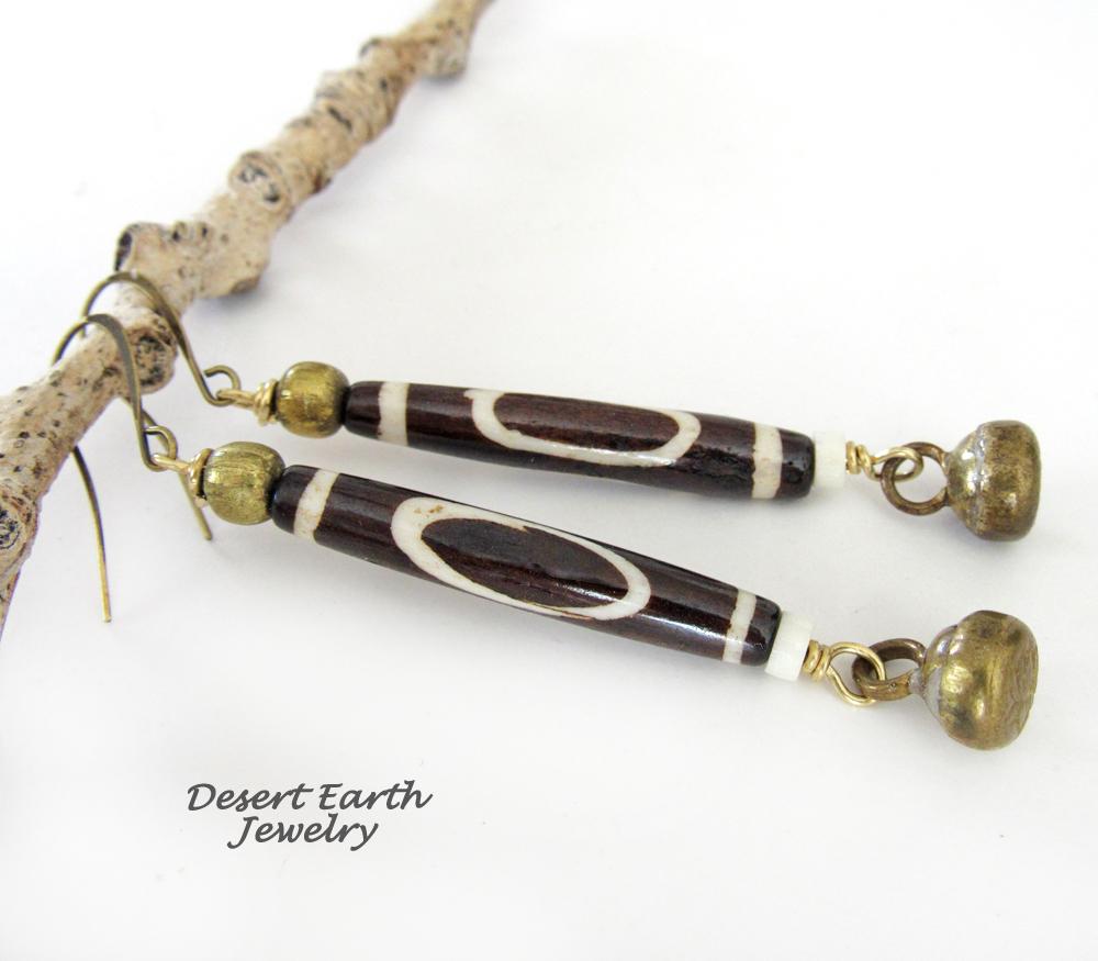 Long African Batik Bone Bead Earrings with Brass Bell Dangles - Handmade Ethnic Boho Tribal Jewelry