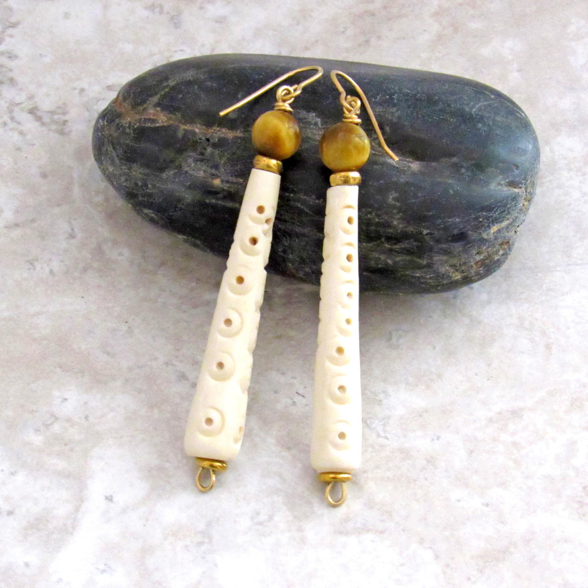 Long African Carved Bone Earrings with Golden Brown Tiger's Eye Gemstones