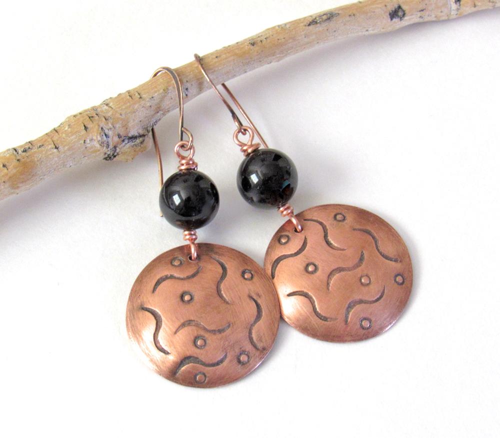 Round Hand Stamped Copper Earrings with Black Onyx Gemstones - 7th Anniversary Gift for Wife