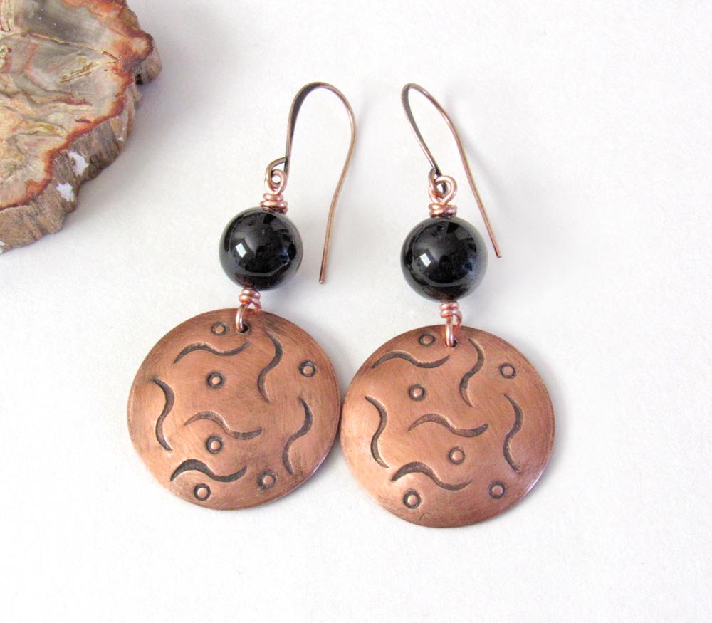 Round Hand Stamped Copper Earrings with Black Onyx Gemstones - 7th Anniversary Gift for Wife