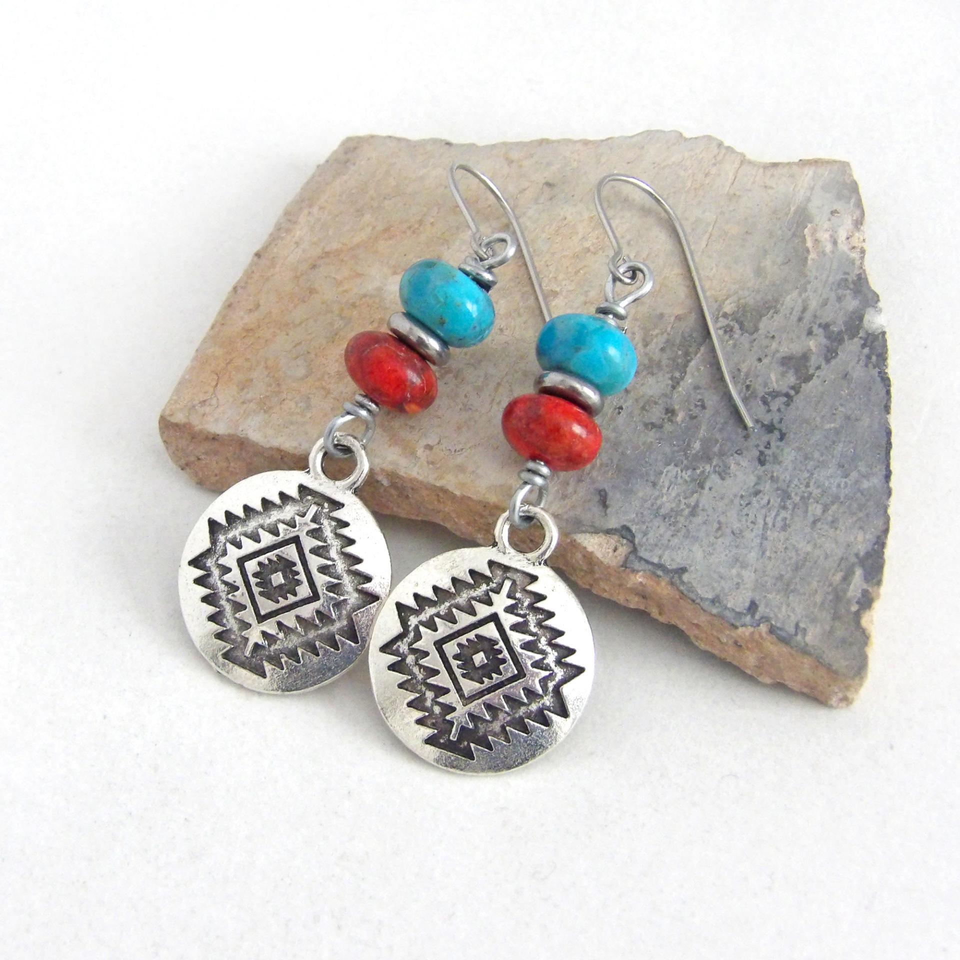 Southwest Silver Tone Concho Earrings with Blue Turquoise and Red Coral - Artisan Handmade Sundance / Boho Southwestern Style Jewelry