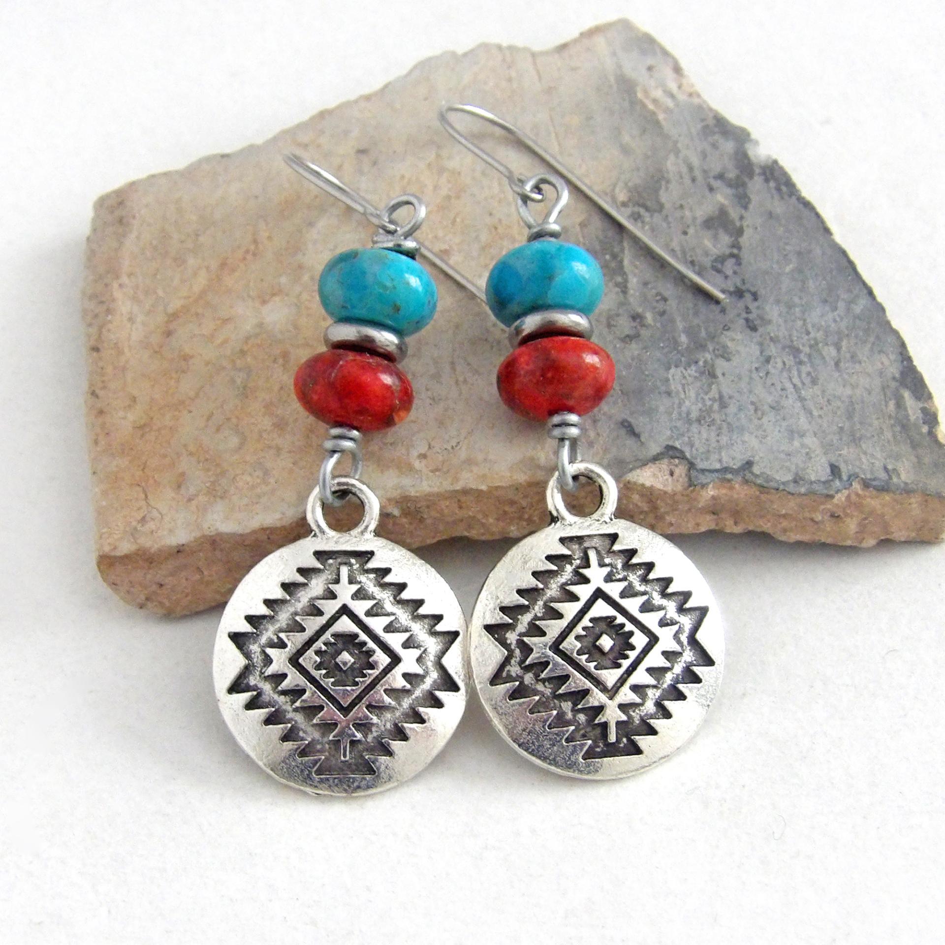 Southwest Silver Tone Concho Earrings with Blue Turquoise and Red Coral - Artisan Handmade Sundance / Boho Southwestern Style Jewelry