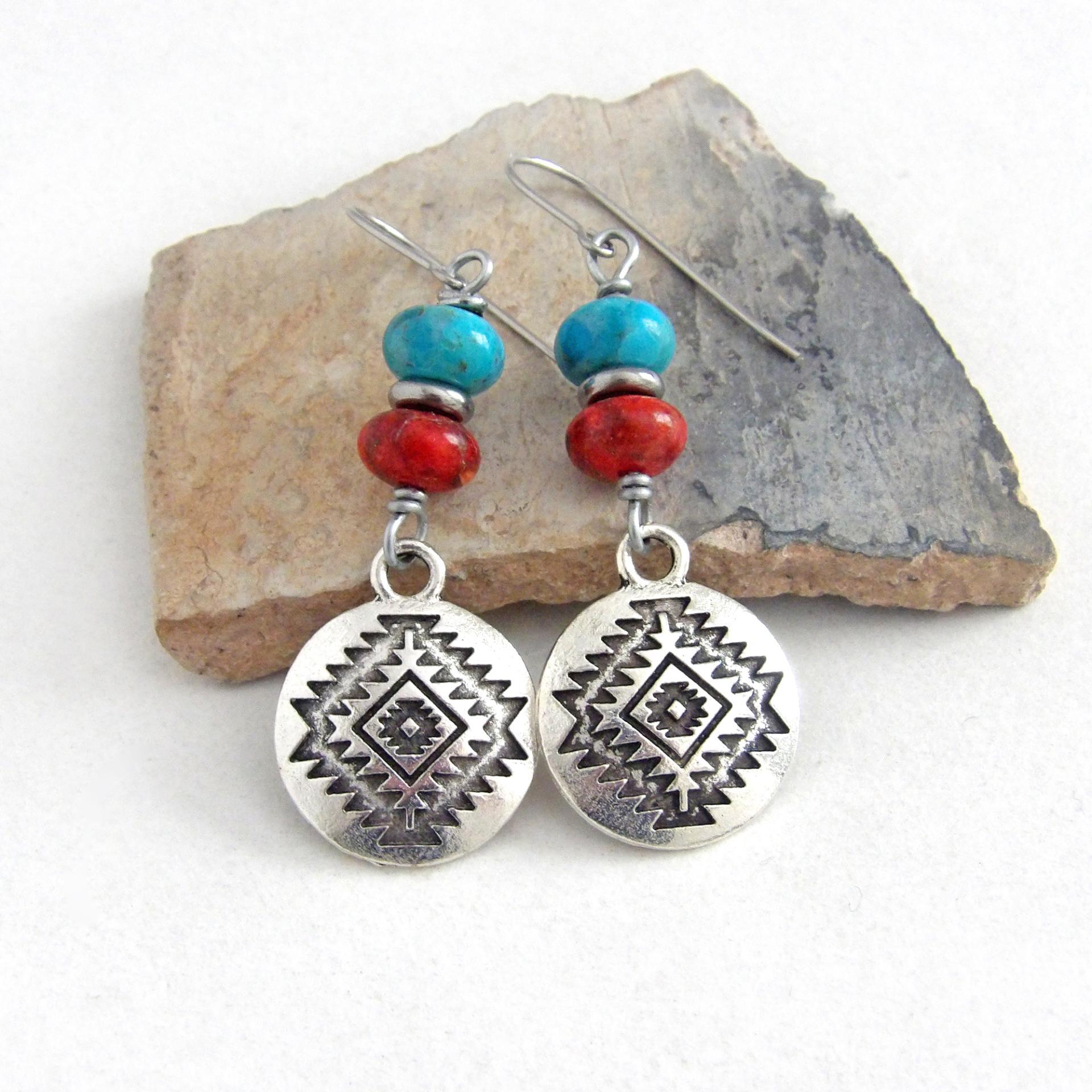 Southwest Silver Tone Concho Earrings with Blue Turquoise and Red Coral - Artisan Handmade Sundance / Boho Southwestern Style Jewelry