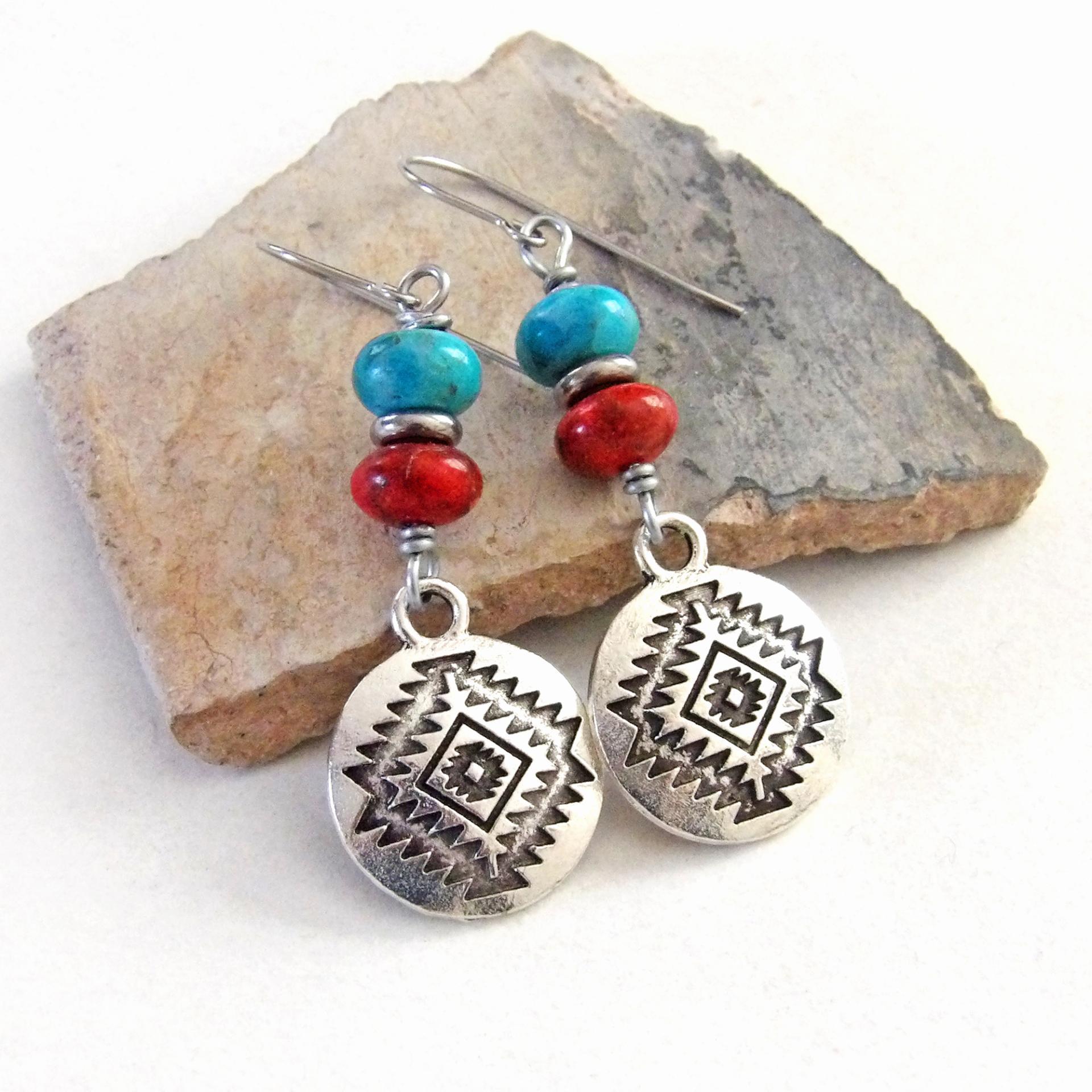 Southwest Silver Tone Concho Earrings with Blue Turquoise and Red Coral - Artisan Handmade Sundance / Boho Southwestern Style Jewelry