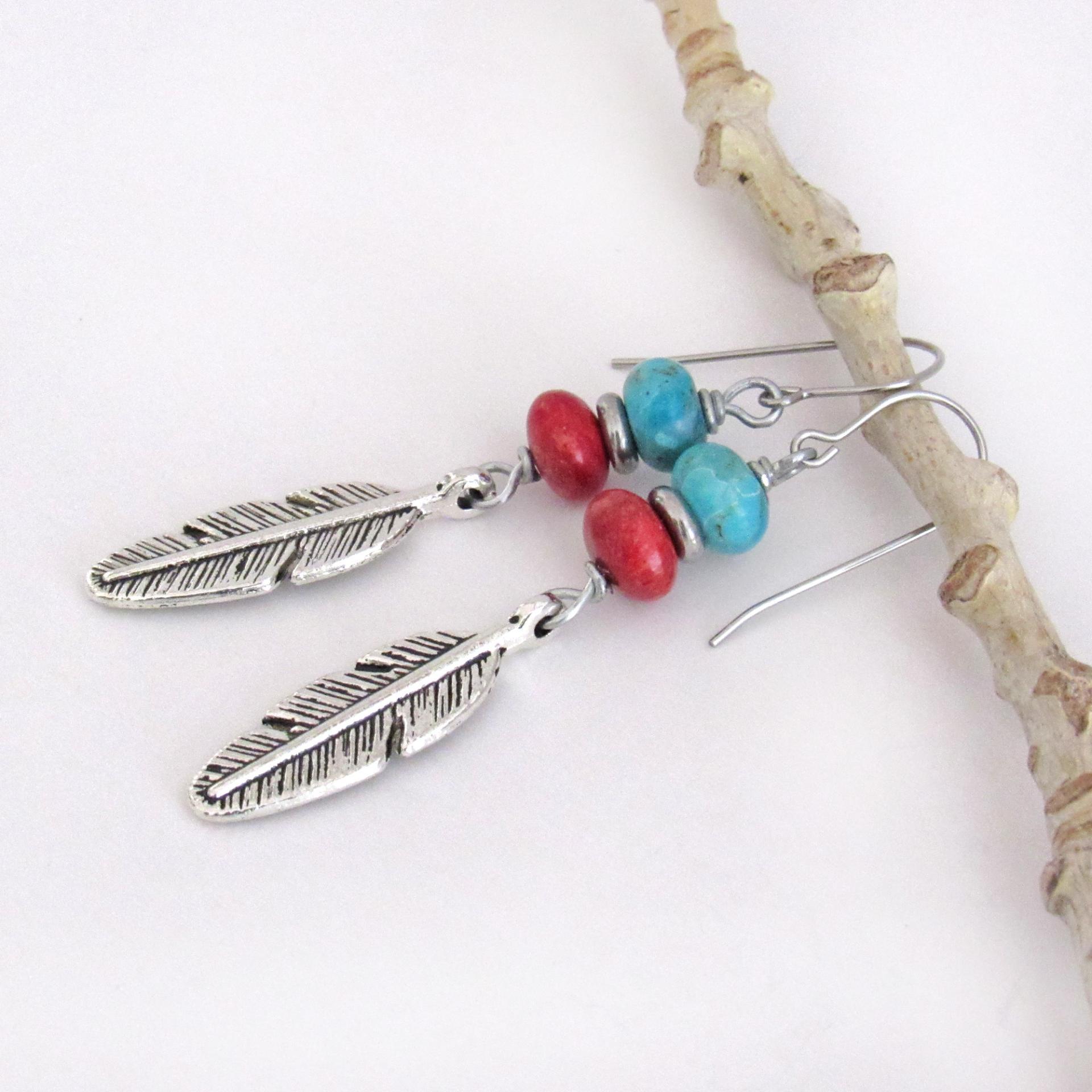 Silver Pewter Feather Earrings with Turquoise and Red Coral - Artisan Handmade Boho Tribal Southwestern Style Jewelry