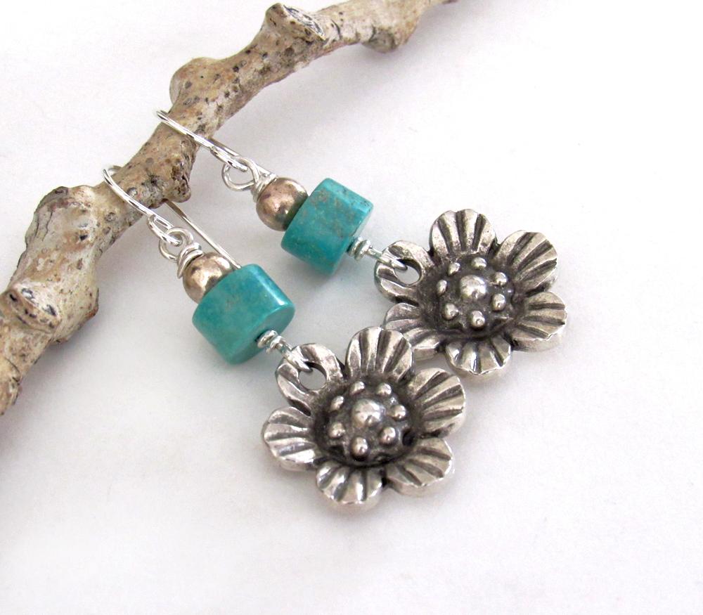 Flower Silver Tone Pewter Earrings with Turquoise Stones - Nature Lover Jewelry Gifts for Women