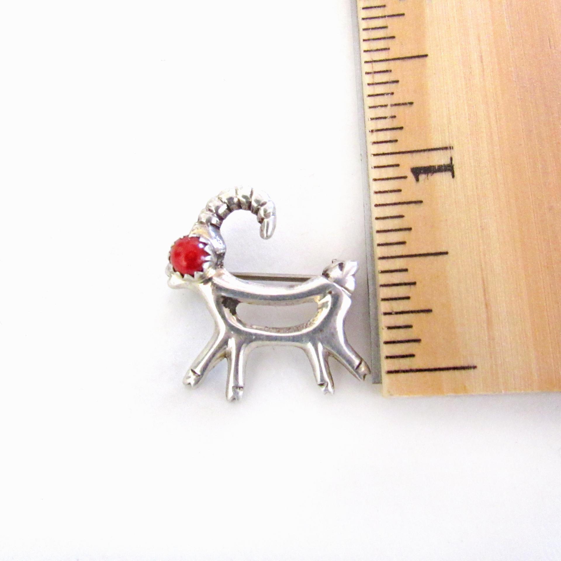 Small Sterling Silver Antelope Reindeer Pin with Red Coral - Christmas Holiday Jewelry Gift for Animal Lovers